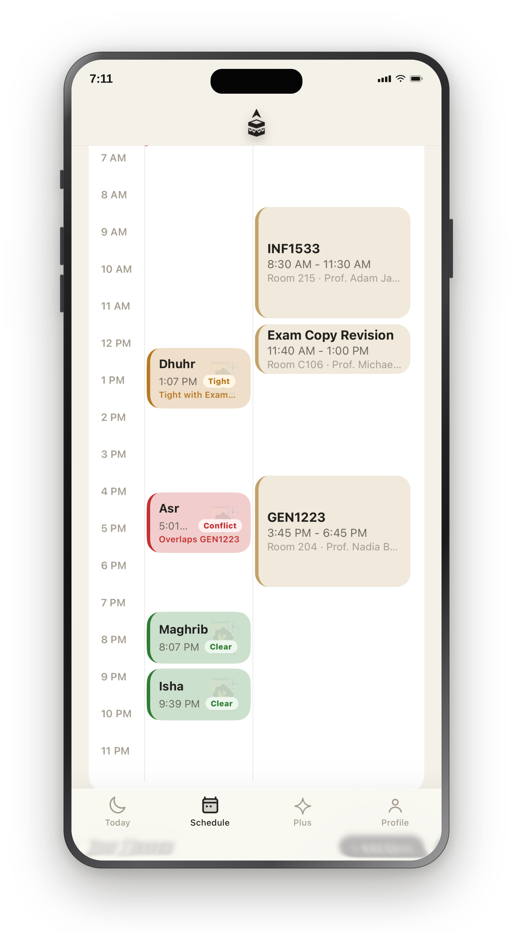 DeenSync schedule timeline with conflict detection
