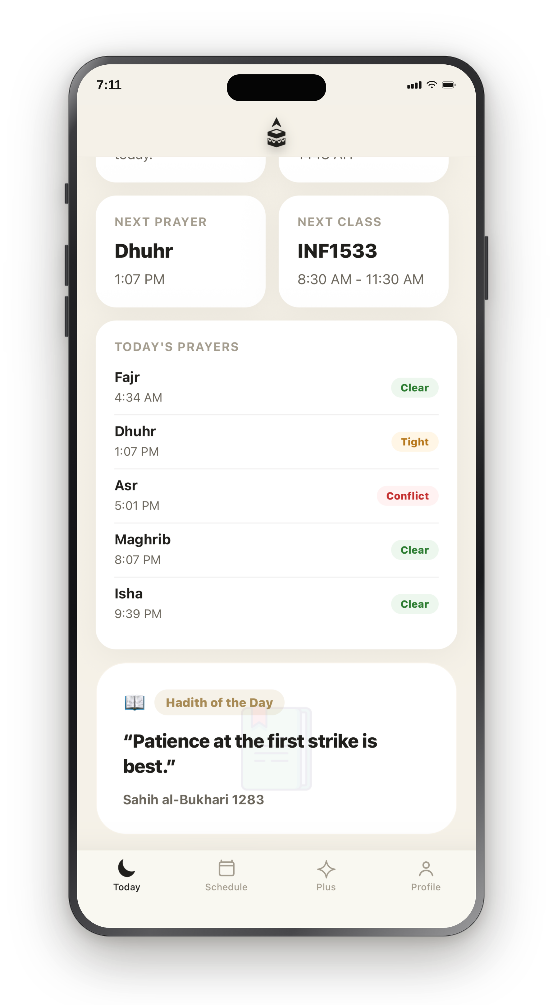 DeenSync Today dashboard scrolled, showing prayers and hadith